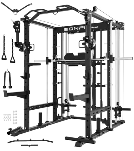 EonfitOmni Eonfit E5 Smith Machine with Vertical Leg Press, Power Cage Squat Rack with LAT-Pull Down Cable Crossover Rotating Arms System Home Gym Equipment All in One (Black, PRO)