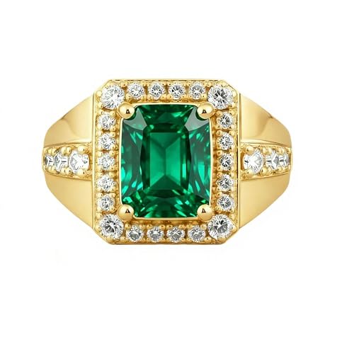 RSYHB 10K 14K 18 Gold Created Emerald Rings for Men 4 CT Gemstone Engagement Ring with Moissanite Jewelry Gifts for Him