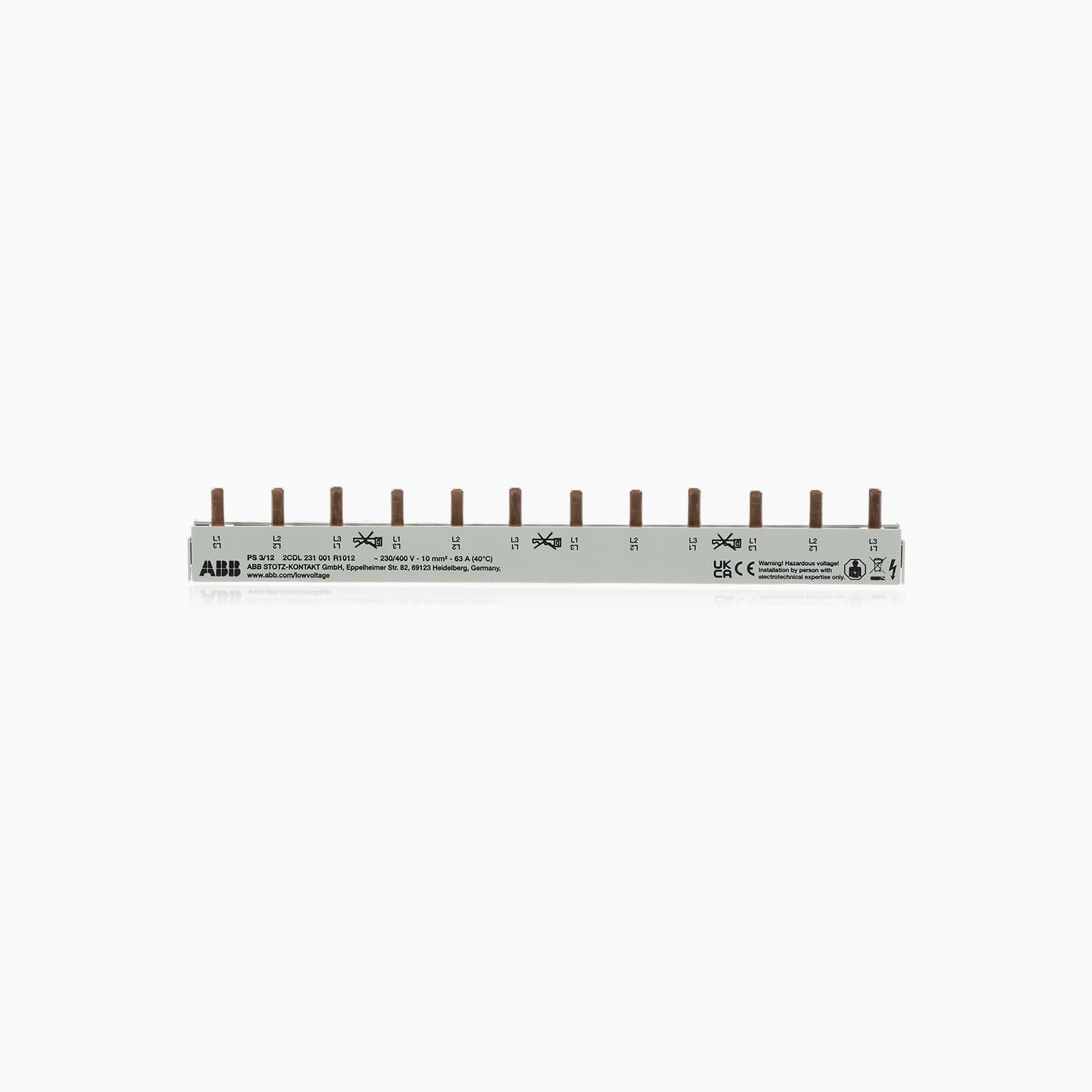 Pin Phase Rail 3-Phase PS3/12 per M Compact Can be Cut to Length 10 mm² 12 Division Units for ABB Circuit Breakers