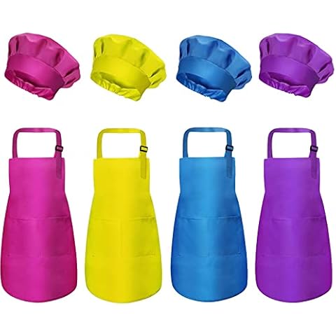 yarachel Kids Apron and Chef Hat Set - 8 Pieces Waterproof and Adjustable Child Aprons with Pockets Kitchen Bib Aprons for Boys and Girls Kitchen Cooking Baking Painting (Medium, Color 2) Cover