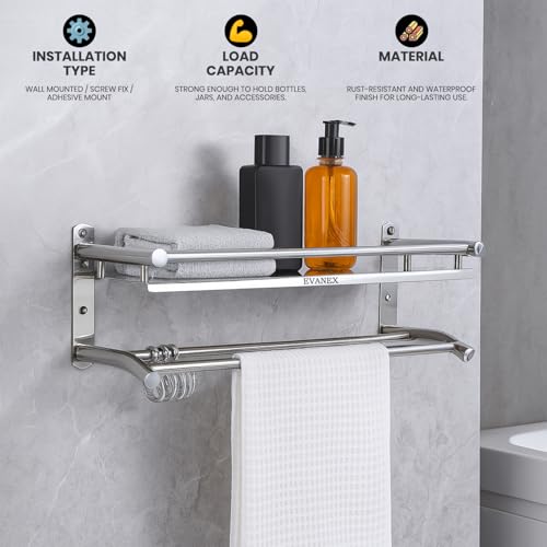 Image of EVANEX 2 Layer Bathroom Shelf | 304 Grade Stainless Steel Wall Mount Bathroom Organizer Rack | Rust Proof Multipurpose Floating Shelf | Wall Shelves | Bathroom Accessories Set