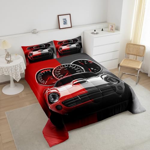 Image of Feelyou Red Black Race car Comforter Set Toddler Size Speed Sports Car Bedding Set for Kids Teens Racing Car Comforter Extreme Sports Duvet Set Decor Automobile Quilt 2Pcs