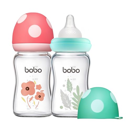 Image of YOHKOH Natural Glass Baby Bottle with Natural Response Nipple, Newborn Anti-Colic Baby Bottles, Wide Neck Mushroom Cap Baby Bottle, Clear ((5.4oz (Pack of 2), Multicolour)