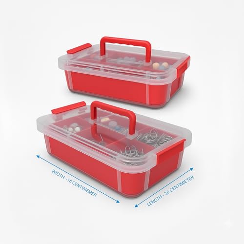 Image of plastic boxes for Storage transparent boxes for storage, Portable & Stackable Space Saving Organiser with Lid for Medicine, Jewelry, Arts & Crafts, Buttons, Beads (Red, 1 TIER WITH 1 TRAY)