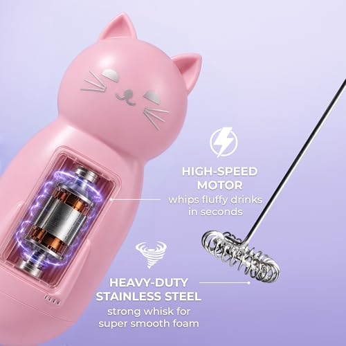 Image of Zulay Kitchen Cat Milk Frother Wand - Cutesy Frother, Meet Your New Frothing Buddy Princess The Cat, Adoption Papers and Stickers Included, Purrr-fect for Lattes, Cappuccino & Matcha - Pink