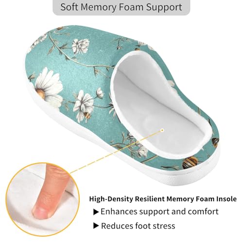 JUNZAN Vintage Osteospermum Turquoise Women Home Cotton Slippers Closed Toe Memory Foam Ladies Slippers for Hotel Funny Presents 6-72