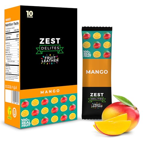 Fruit Snacks by Zest Delites, Fruit Leather, Dried Mango Bars, Healthy Snacks for Adults & Kids, No Sugar Added, Apple-Based Mango Strips, 0.88 oz x 10