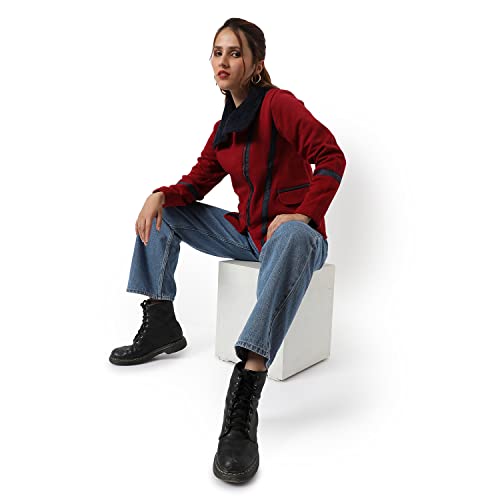 Image of Campus Sutra Women Maroon Solid Regular Fit Cotton Jacket For Winter Wear | Collar Neck | Full Sleeve | Zipper | Casual Jacket For Woman & Girl | Western Stylish Jacket For Women