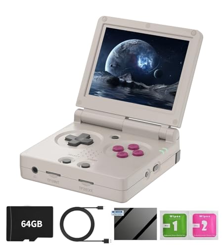 RG35XXSP - Consolas de juegos de mano incorporadas, tarjeta TF de 64 G, más de 5000 juegos, estilo portátil, consolas de video de mano, sistema Linux con funda (gris)