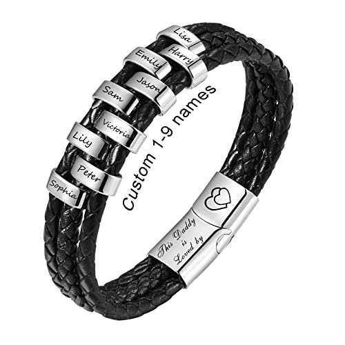 Personalized Leather Bracelets Gift To Dad -Customized Father's Day Gift,Mens Layered Braided Genuine Leather Wristband With Stainless Steel Name Beads,Id Bangle For Men, Husband Grandapa Gift,8.65" #TOP14