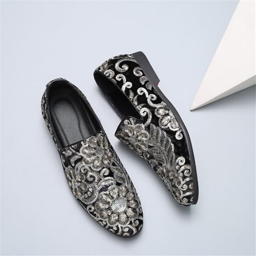 Men's Velvet Sequins Embroidered Slip On Dress Loafers Shoes Round Toe Lightweight Non Slip Sole Shiny Decorative for Weddings Parties Formal Events Office Church4