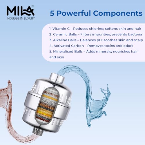 Image of Mila Chrome Showerhead Filter | Hard Water Filter for Shower | Removes Chlorine & Contaminants | Vitamin C, Ceramic, Alkaline & Activated Carbon Balls | Wall Mounted | Durable ABS + POM |Easy Install