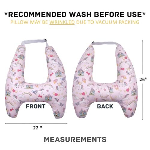 Image of Kids Travel Pillow, Ages 6+ for Cozy Sleeping, Head & Neck Support (Pink) | Road Trip & Seatbelt Comfort, Travel Essentials for Long Rides, Family Friendly Baby Shower Gifts, Simple Install Easy-Buckle