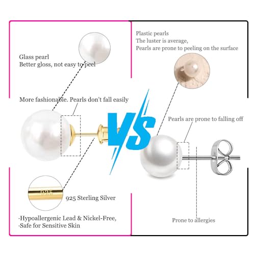 Hypoallergenic Pearl Earrings for Women 8-10 mm White Big Pearl Stud Earrings Set Nickel Free 12 Pairs Fake Pearls Earring Jewelry Gift for Bridal Wedding Christmas3