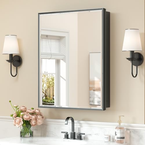 Keonjinn 24” x 30” Black Bathroom Medicine Cabinets with Mirror Recessed or Surface Wall-Mounted...
