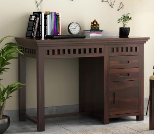 Image of Solid Sheesham Wooden Study Table & Desk with Drawer for Office and Home | Computer Laptop Table | Reading & Writing Desk | Laptop Desk (Walnut C)