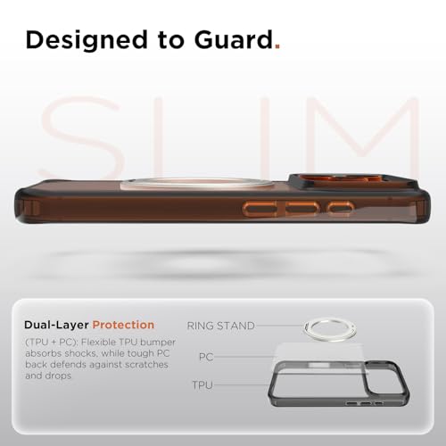 Image of RIGGEAR Shockproof Clear Hybrid Armor 360 Rotating Magnetic Ring Stand Back Cover Case Compatible with MagSafe Accessories for iPhone 17 Pro (Clear-Black TPU Bumper + Transparent PC)(Silver)