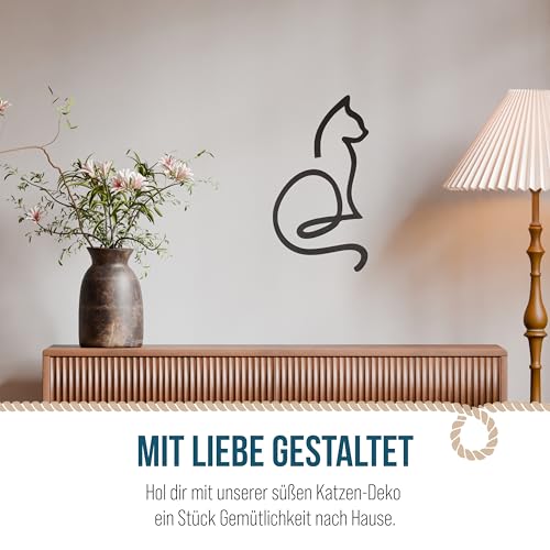Katzen-Silhouette zum Aufhängen: Deko Katzenfigur, Dekokatze Holz, Holzfigur Innen, Katzendeko, Wanddeko Figur One Line Design, Türkranz Schild Katze, Geschenk Katzenliebhaber, Schwarz, 29 x 16,5 cm