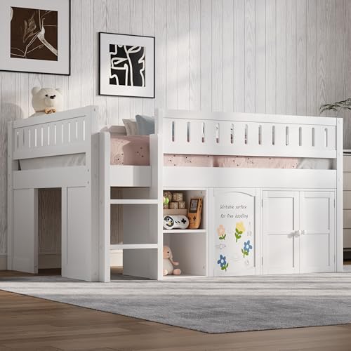 Image of Full Size Loft Bed with Storage Cabinet and Chalkboard Panel, Solid Wood Frame - Space-Saving Design for Kids /Teens Bedroom (White-A1)