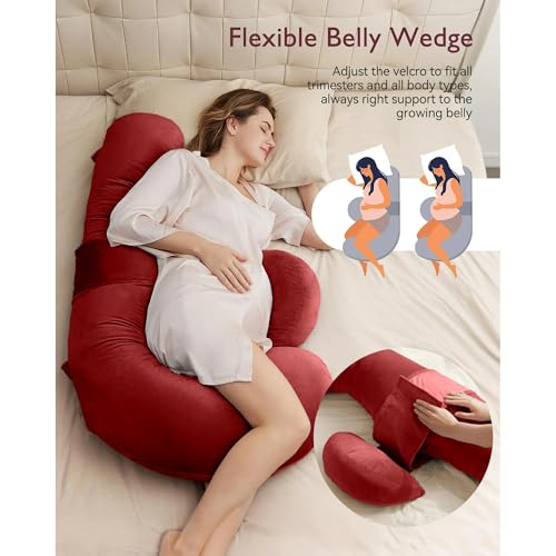 Image of J-Shaped Sleeping Pregnancy Pillow| Removable Velvet Covers| PregnoCare Fibres| Baby Shower Gift, Maternity, Nursing| Full Body Soft-Support Bump, Head, Back, Shoulder, Hips, Legs and Belly (Red)