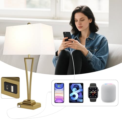 Lámpara de mesa dorada con puerto USB y pantalla blanca miniatura 4