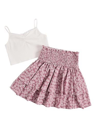 Image of RoseSeek Girl's 2 Piece Outfits Lace Ruched Camisole Tops and Shirred High Waisted Layered Floral Skirts Set
