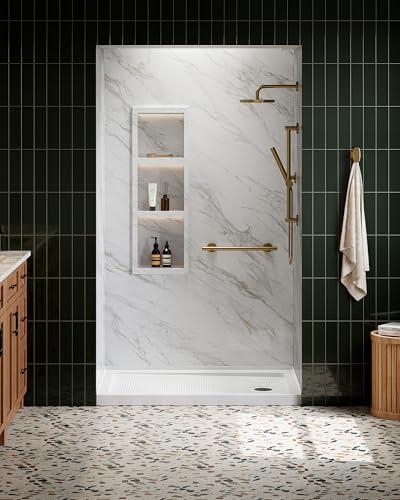 Image of HOROW Shower Base 48 inch x 32 inch, Right Drain Single Threshold Shower Base in White with Efficient Drainage, Non-Slip, Stainless Steel Cover, Small Rectangle Acrylic Shower Pan for Bathroom
