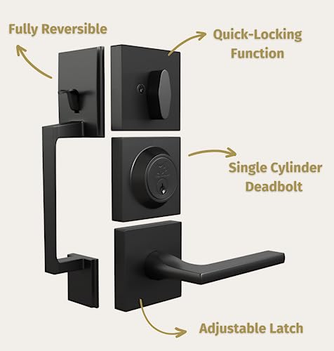 Image of Mega Handles - TOBELLE Black Entry Door Handleset - Single Cylinder Handleset with Lever for Entrance and Front Doors - Modern Door Handles for Left and Right-Handed Doors - Straight Handle