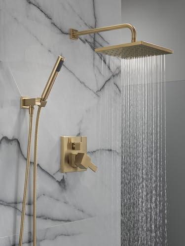 Image of Delta Modern 14 Series Square Rain Shower System Faucet Set, Rainfall Brushed Gold Shower Head and Handle Set, Valve Trim Kit, 10 Inch, Champagne Bronze 342701-CZ