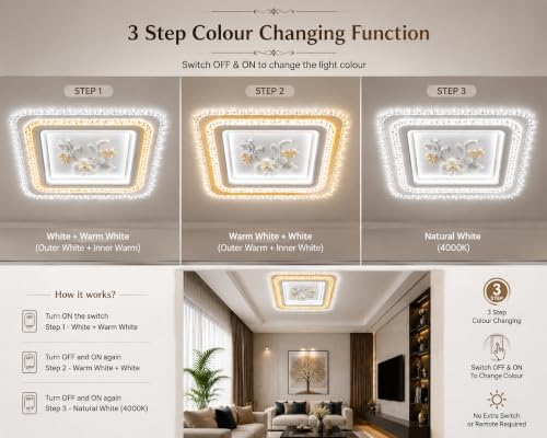 Image of FILLISKA Aluminium Luxurious 3 in 1 Led Ceiling /Wall Chandelier Light with 3 Step Colour Changing Function (Acrylic White Square-617-3SQ)