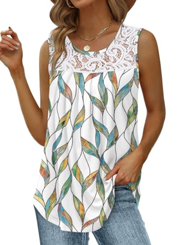 Image of Saloogoe Summer Tank Tops for Women Loose Fit Pleated Tunics Scoop Neck Sleeveless Lace Tops Curved Hem Flowy
