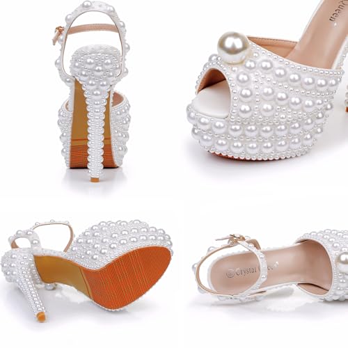 Women's Leather Pearl Fish Mouth Stiletto Heeled Sandals Adjustable Ankle Strap Fashion Round Peep Toe Platform Heeled Sandals for Wedding Party Dress Pump Shoes4