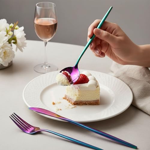 Image of 20 Pcs Rainbow Cutlery Set for Dining Table the Perfect Lightweight Silim Handle Tableware Including Dinner Spoon, Dinner Fork, Dinner Knife, Dessert Spoon & Dessert Fork