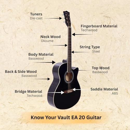 Image of VAULT EA20 Basswood Guitar Kit With Learn To Play Ebook, Bag, Strings, Straps, Picks, String Winder & Polishing Cloth - 40 Inch Cutaway Acoustic Guitar Black