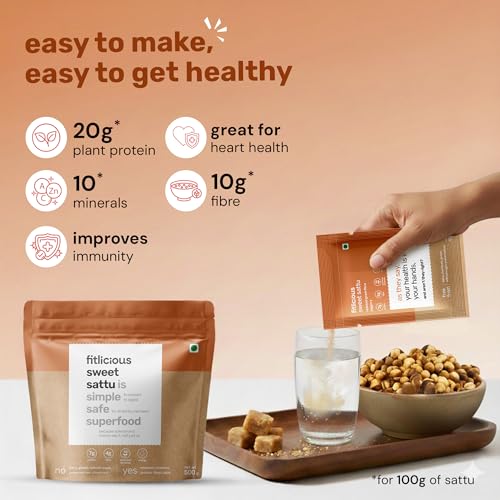 Image of fitlicious Sweet Sattu Powder | Bihari Chana Sattu | Natural & Organic | Gluten-Free, Non-GMO | High Protein & Fiber | Instant PremiX | Healthy Drink For All Ages | Pack Of 10 X 40g Sachets