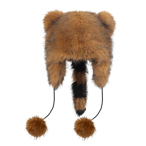 Unisex Faux Fur Fuzzy Winter Warm Hats with Tail Cute Ears Kids Soft Thicken Plush Cap Adult Trapper Hat for Cycling Walking