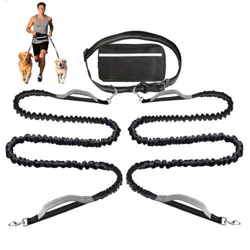 Laisse Canicross Chien,Laisse Double pour 2 Chiens,Laisse Main Libre Chien,Chiens avec Ceinture et Sac Banane Détachable,Jogging Laisse Anti Traction...