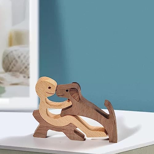 Jognee Handgefertigte Holzstatue, Welpen-Holzschnitz-Ornamente, herzerwärmendes Geschenk für Hundeliebhaber, Bastelfigur, Holz, kleine Dekorationen für Zuhause, Büro, Wohnzimmer (A – Männer + Hund)