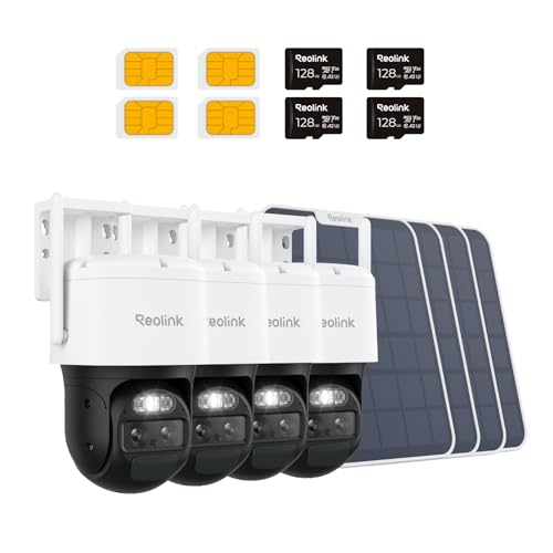 REOLINK 4K 4G LTE Dual Lens Cellular Security Camera +128GB SD Card - 4Pack, Auto Tracking, No WiFi Solar Powered, 6X Hybrid Zoom, 8MP Color Night Vision, SIM Card Included, TrackMix LTE Sol
