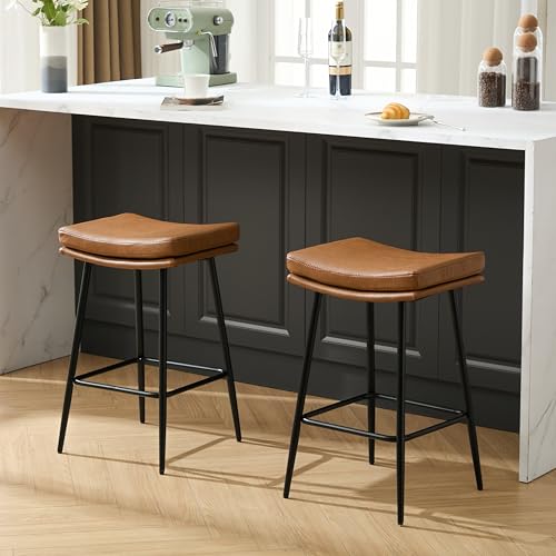 Image of Solstrand Saddle Bar Stools Set of 2,Counter Height Bar Stools for Kitchen Counter Farmhouse Modern Faux Leather Barstools with Upholstered Backless Seat and Solid Metal Legs, 26 inch Bar Chairs, Brown