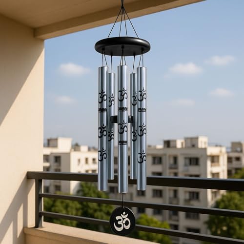 Image of 27inch Big Wind Chime for Home & Balcony Hanging - 5 Pipe OM Design Wind Chime for Positive Energy & Melody Sound (Silver)