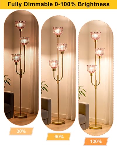 Image of Lightdot 3-Lights Modern Glass Floor Lamp 66IN Gold Dimmable Floor Lamps with 3000K Warm White Bulbs for Wedding Party Tall Standing Lamp with Deep Red Glass Shade for Living Room /Bedroom /Home Decor
