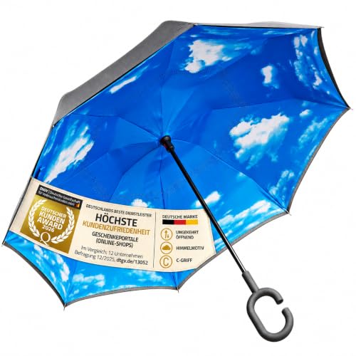 GOODS+GADGETS® Umgedrehter Regenschirm mit blauem Himmel und C-Griff für freie Hände; Invert-Stockschirm Schlauer Regen-Schirm mit 105cm Durchmesser (Umgedreht - Himmeloptik)