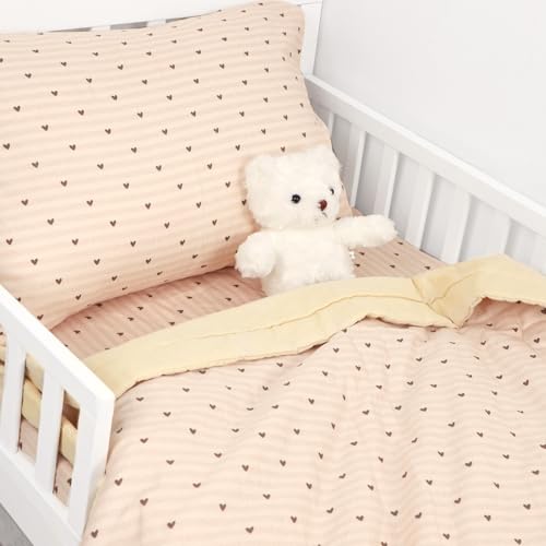Image of Hooyax Muslin Toddler Bedding Set for Girls - 3 Piece Crib & Kids Bed Set with Fitted Sheet, Quilt and Pillowcase, Breathable & Soft Bedding with Romantic Heart Print