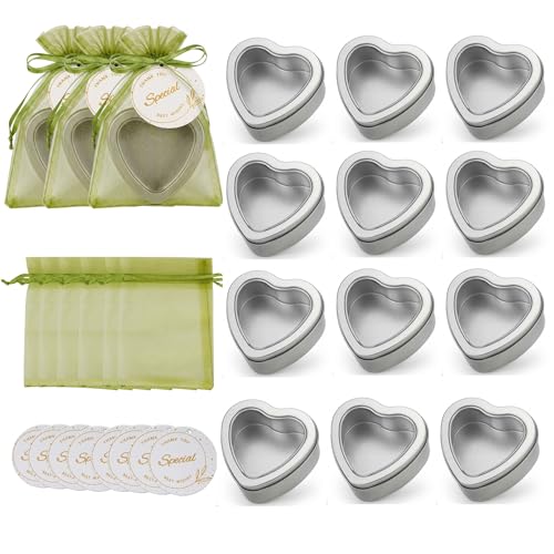 25 Sets Heart Shaped Metal Favor Boxes with Clear Window Lids 2 Oz Silver Tins with Organza Bags and Gift Tags for Party Favors Valentines Day Candy Crafts and Small Gifts