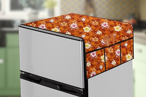 Image of The Furnishing Tree Fridge Top Cover Compatible for Samsung RR20C1824CR /HL, 183 LTR WxL 65x111 in CM Floral Pattern Orange