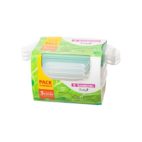 Sanremo - Conjunto de 3 Potes Plásticos Herméticos de 330ml, Linha Freshy