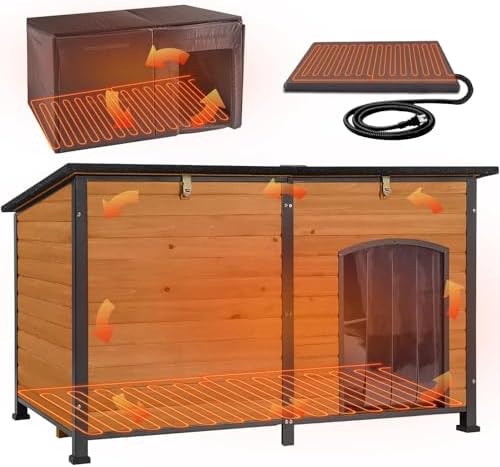 Aivituvin Heated Dog House Outdoor 59" Extra Large Insulated Dog Kennel with Heating System & Insulation Liner,All-Around Iron Frame