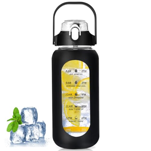 WIYETY Bouteille en verre de 1000 ml avec paille : bouteille en verre avec silicone antidérapant et signes du temps, sans BPA, anti-fuite, grande bouteille de sport, gym, maison, bureau