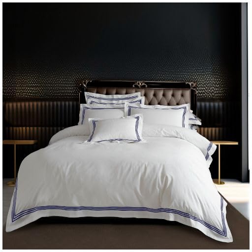 GC GAVENO CAVAILIA Embroidered Border Single Duvet Cover With Pillowcase, Hotel Quality Plain Striped Quilt Cover - Soft Polycotton Reversible Devore Bedding Set, White/Navy — image 1
